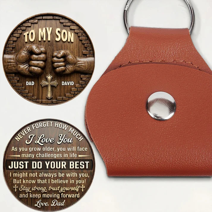 Personalized Pocket Hug for Son Grandson, To My Son My Boy Stainless Steel Token with PU Leather Holder, Gift from Mom Dad Grandma Grandpa