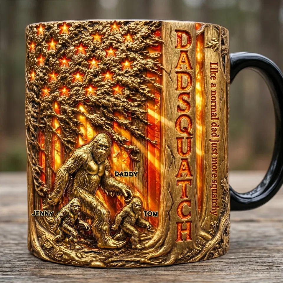 Personalized Sasquatch Dad Magic Mug, Proud American Bigfoot Ceramic Coffee Cup, Father’s Day Birthday Gift for Dad Grandpa Husband