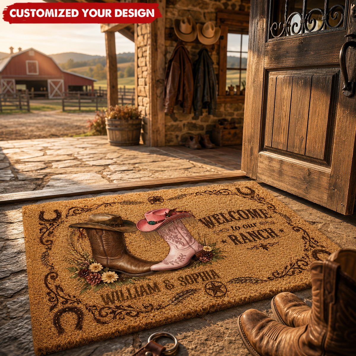 Welcome To Our Ranch Personalized Doormat, Custom Western Cowboy Cowgirl Door Mat, Rustic Farmhouse Entry Rug, Country Couple Housewarming Gift