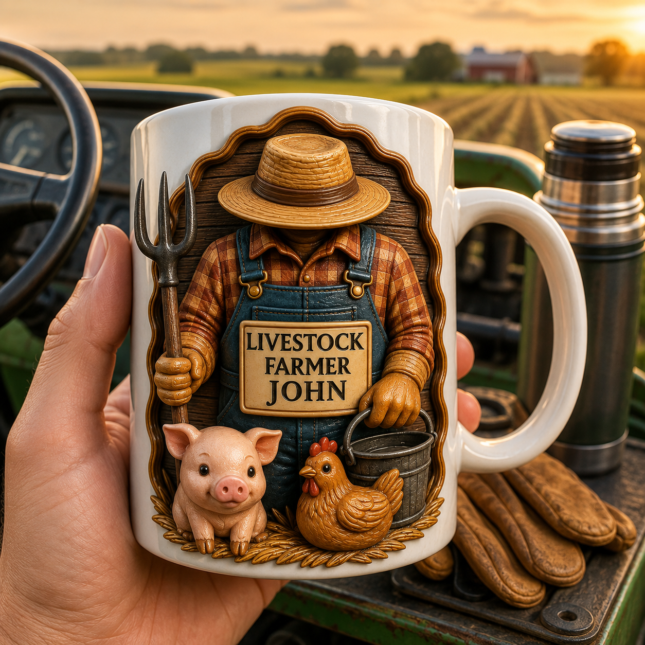 Personalized Livestock Farmer 3D Coffee Mug, Custom Farmer Mug with Name &amp; Title, Pig and Chicken Gift for Farmers