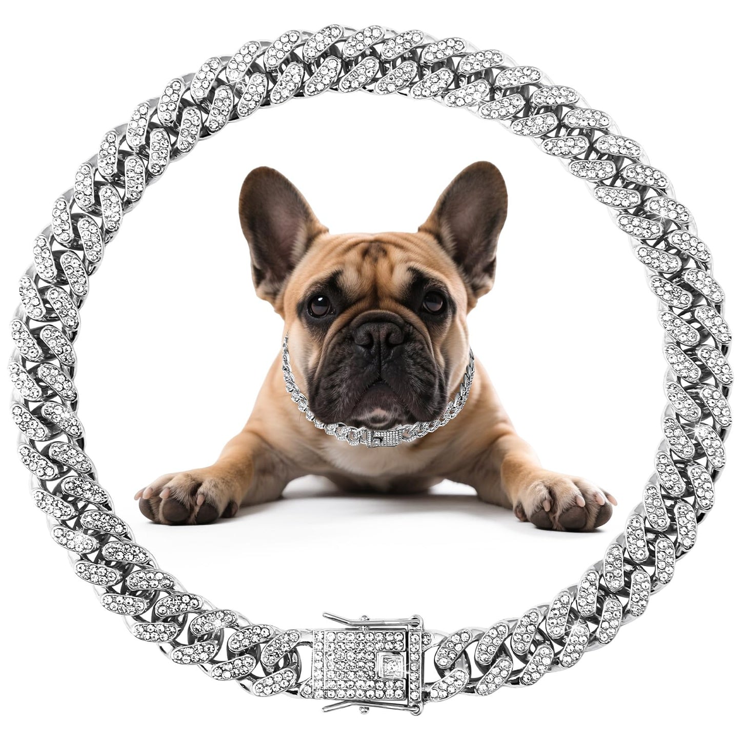 Dog Necklace Cuban Link Dog Collar Gold Crystal Chain with Secure Buckle for Small Medium Large Dogs Cats