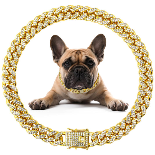 Dog Necklace Cuban Link Dog Collar Gold Crystal Chain with Secure Buckle for Small Medium Large Dogs Cats