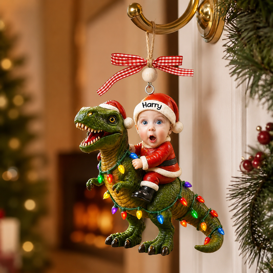 Custom Photo Santa 3D Effect Riding Dinosaur Ornament, Personalized Kid Christmas Ornament, Acrylic T-Rex Christmas Tree Decoration Gift