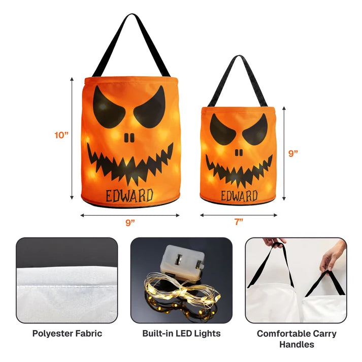 Personalized Halloween Candy Bag for Kids, Scary Pumpkin Face LED Trick or Treat Basket, Light Up Halloween Tote for Boys Girls