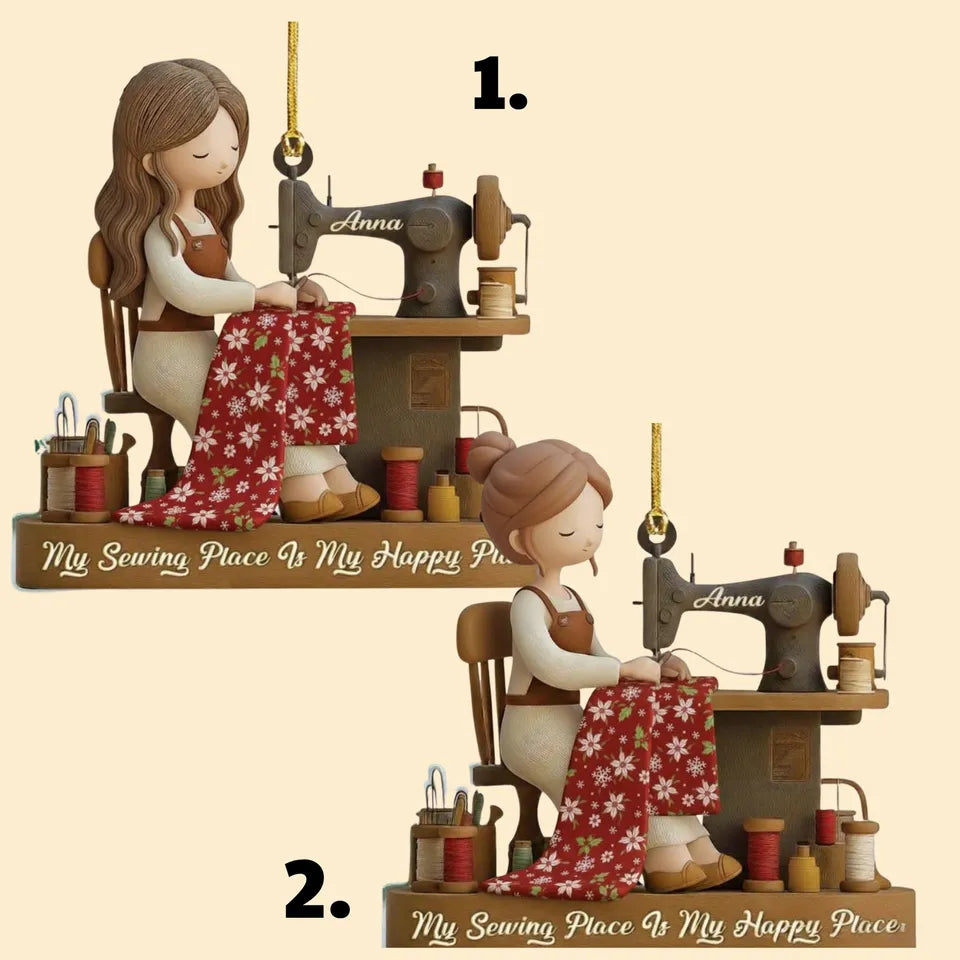 Personalized Sewing Girl Christmas Ornament, My Sewing Space Is My Happy Place Acrylic Keepsake, Gift for Quilter Seamstress Sewing Lover