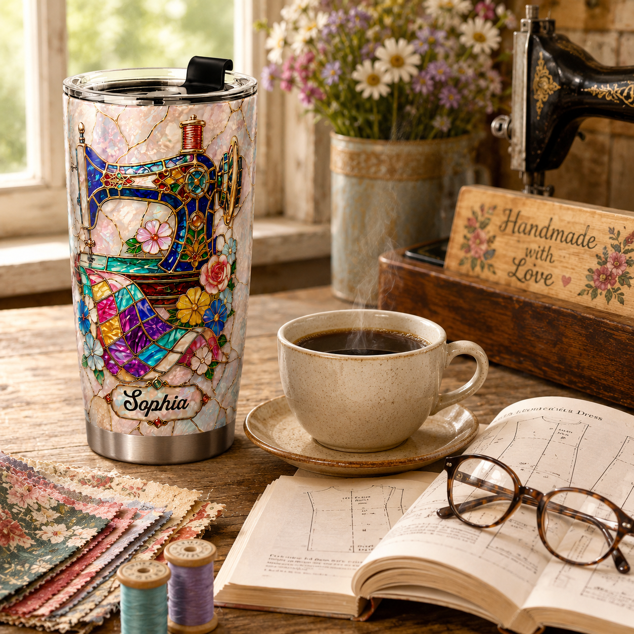 Elegant Floral Sewing Machine Personalized 3D Stainless Steel Tumbler with Name, Custom Gift for Mom, Grandma & Sewing Lovers