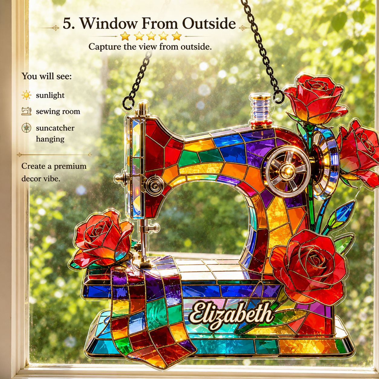 Personalized Sewing Machine Acrylic 3D Effect Suncatcher with Custom Name, Stained Glass Style Window Hanging Gift for Sewers & Quilters