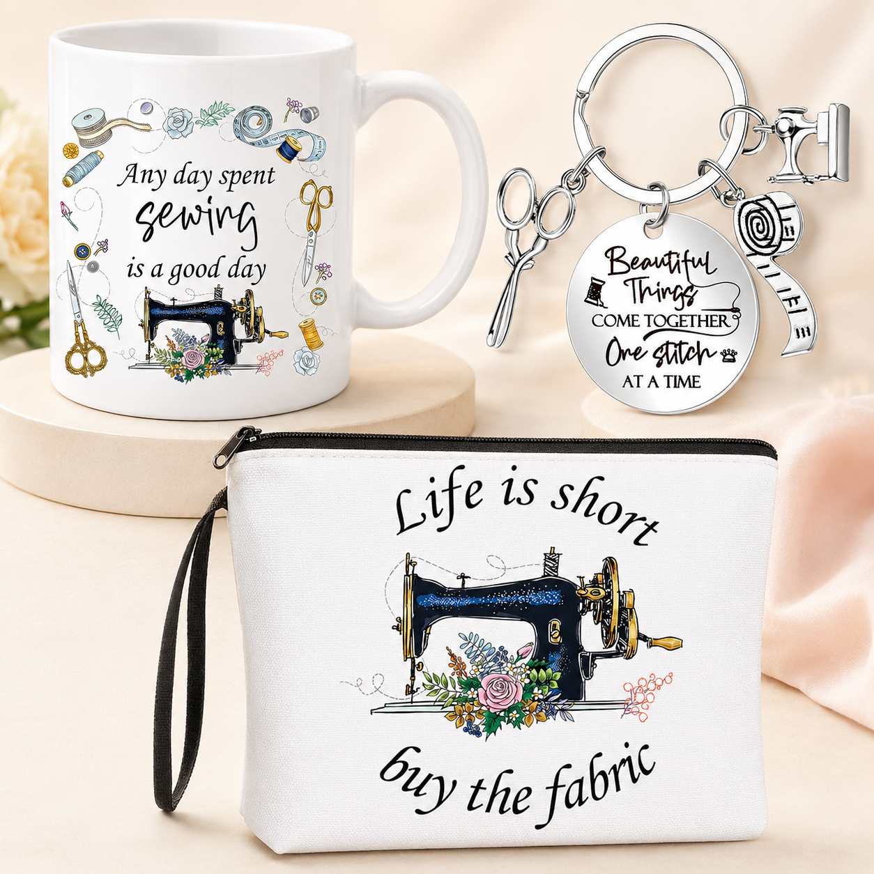 3-teiliges Nähgeschenkset für Frauen – Tasse, Kosmetiktasche & Schlüsselanhänger