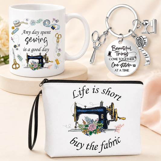 3 Pcs Sewing Gift Set for Women – Mug, Makeup Bag & Keychain
