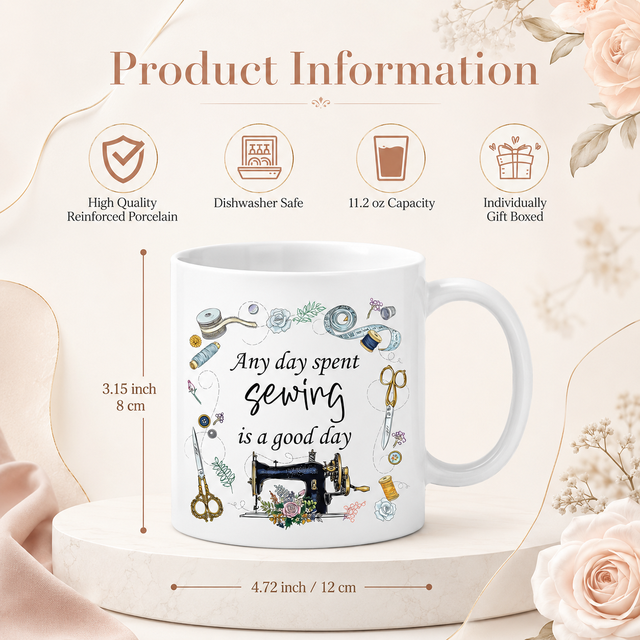 3-teiliges Nähgeschenkset für Frauen – Tasse, Kosmetiktasche & Schlüsselanhänger