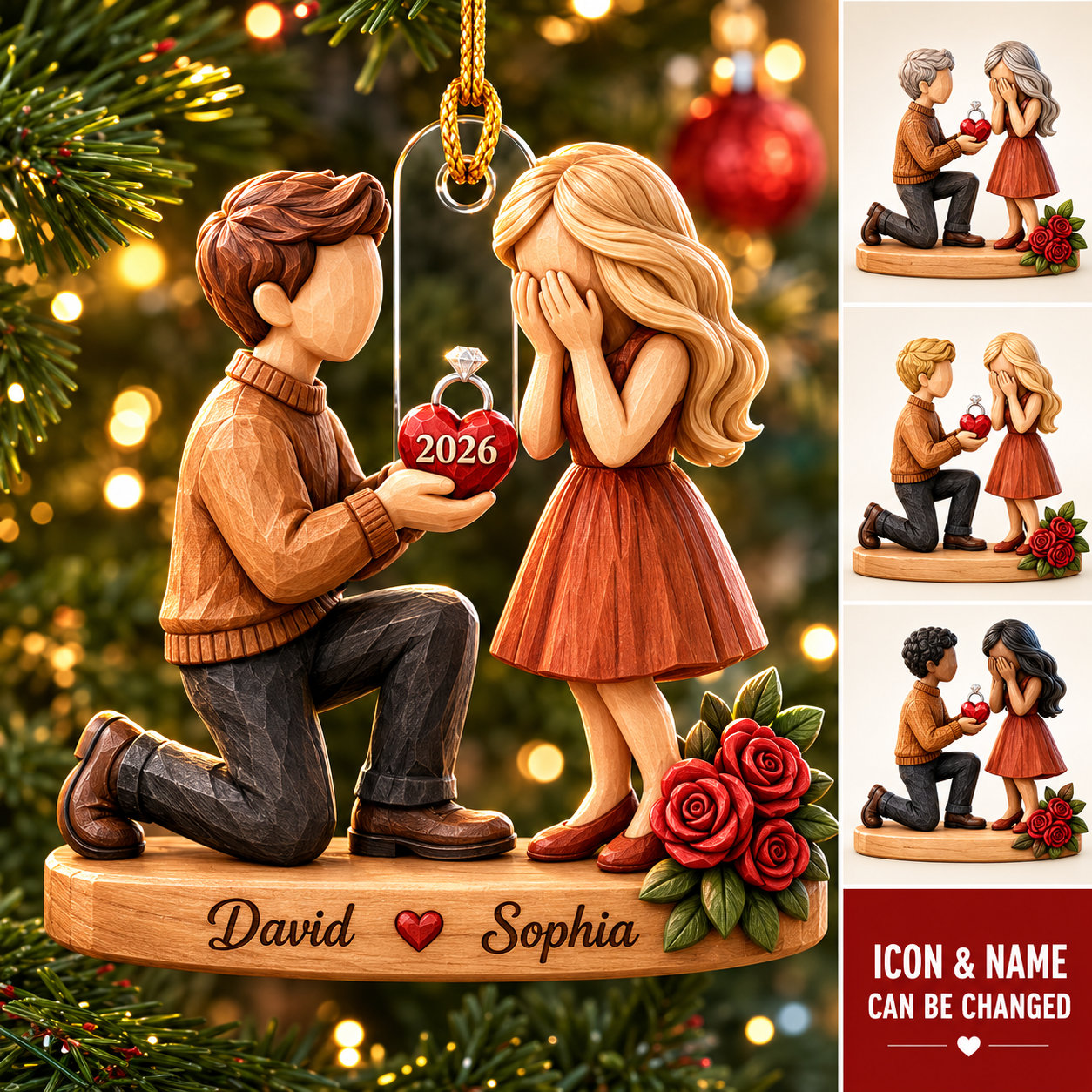 Couple Marriage Proposal Personalized 3D Acrylic Ornament with Names, Custom Engagement Keepsake, She Said Yes Gift for Newly Engaged Couples