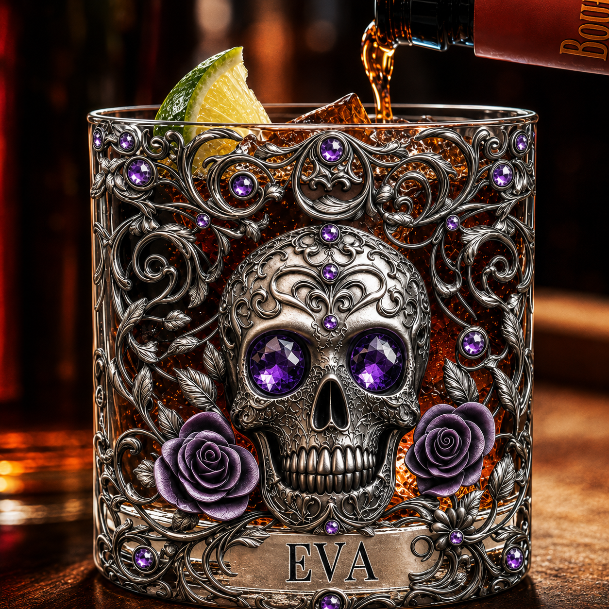 Personalized Skull Whiskey Glass 3D, Custom Crystal Whiskey Glass with Name, Gothic Skull & Roses Rocks Glass, Halloween Gift for Whiskey Lovers