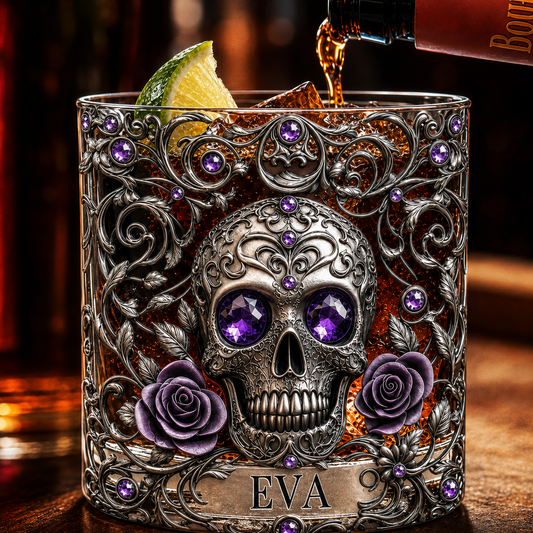 Personalized Skull Whiskey Glass 3D, Custom Crystal Whiskey Glass with Name, Gothic Skull & Roses Rocks Glass, Halloween Gift for Whiskey Lovers