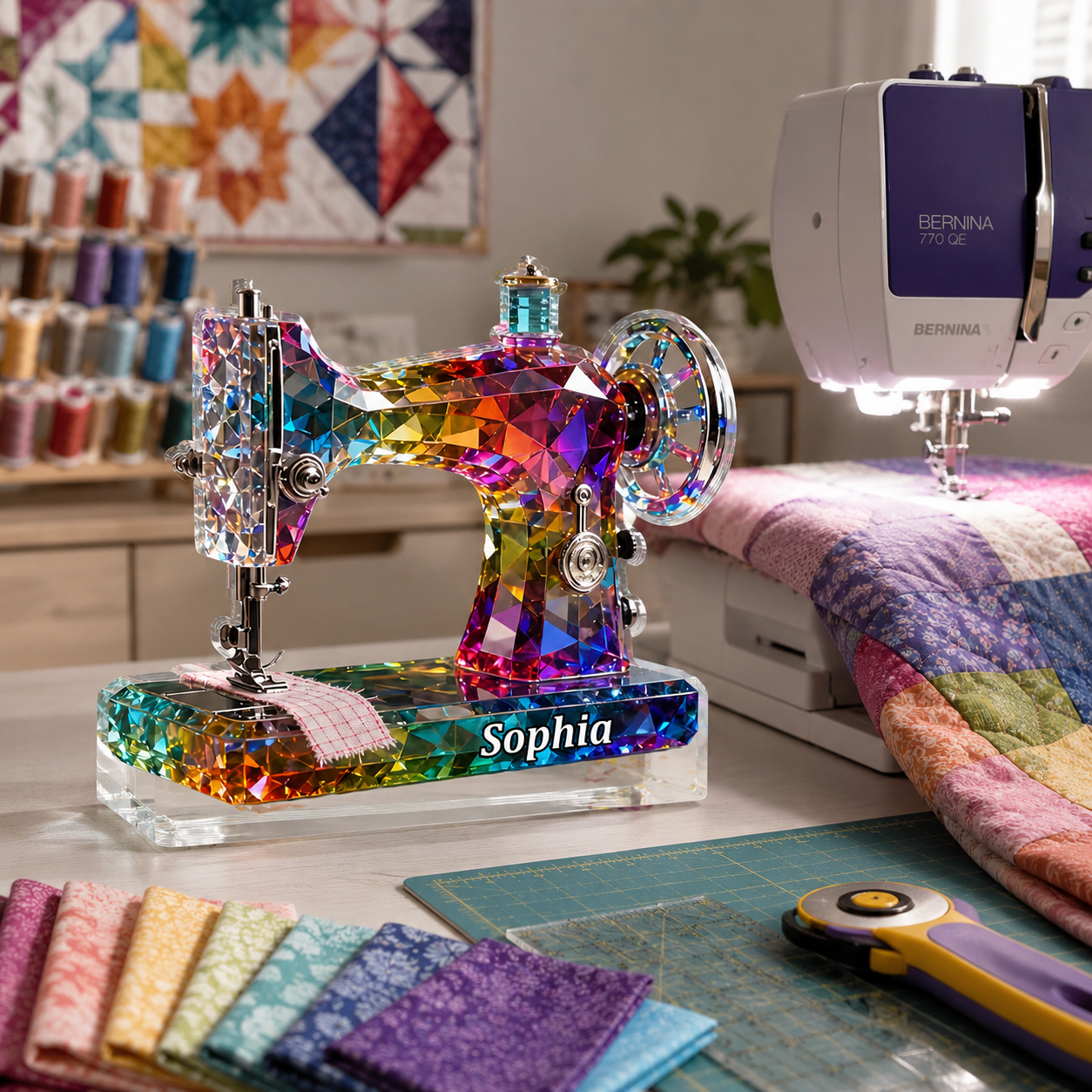Stained Glass Sewing Machine Personalized 3D Effect Acrylic Plaque with Name, Custom Sewing Room Decor Gift for Quilters & Sewing Lovers