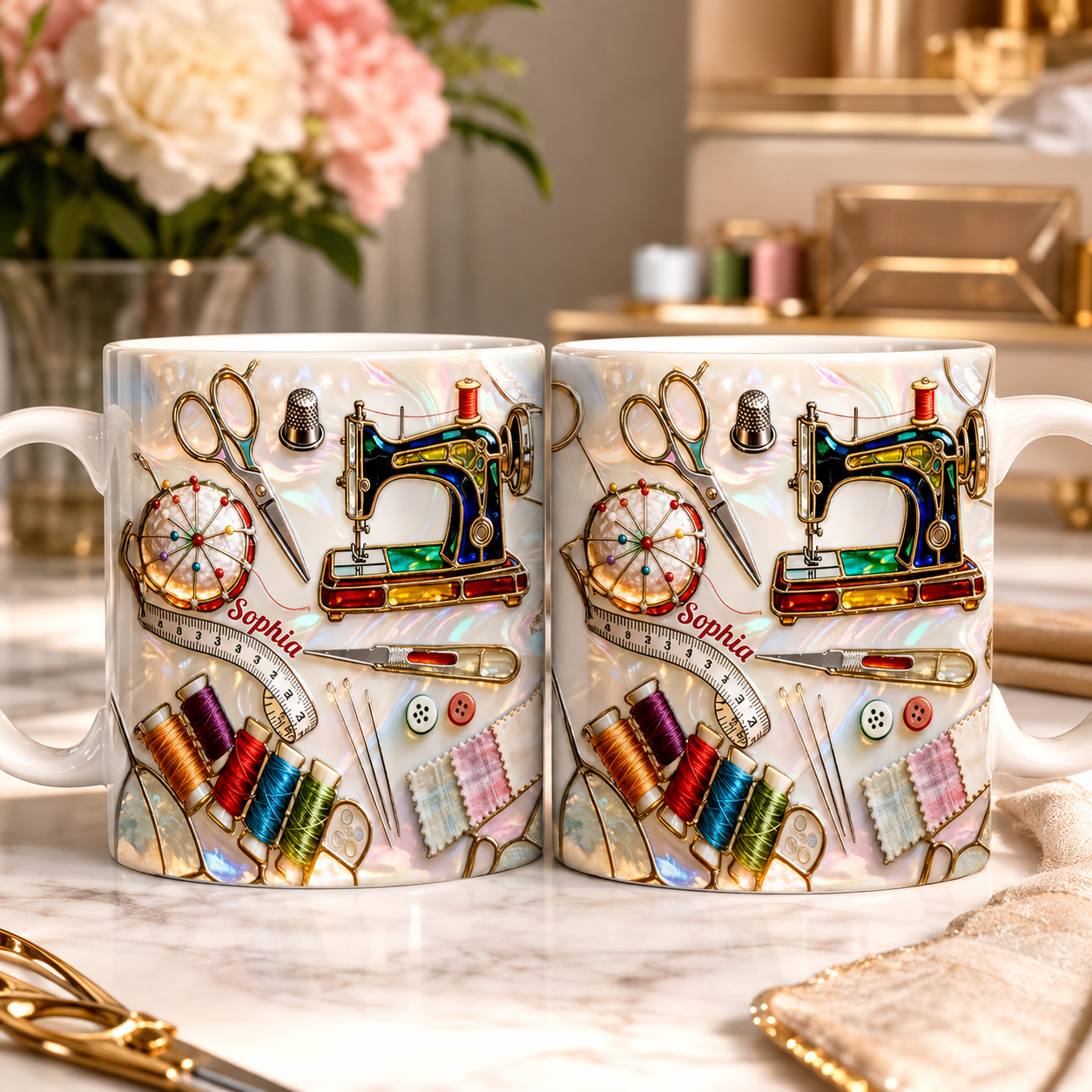 Liebe Näh-Buntglas-Tasse – Personalisiertes Geschenk für Nähliebhaber