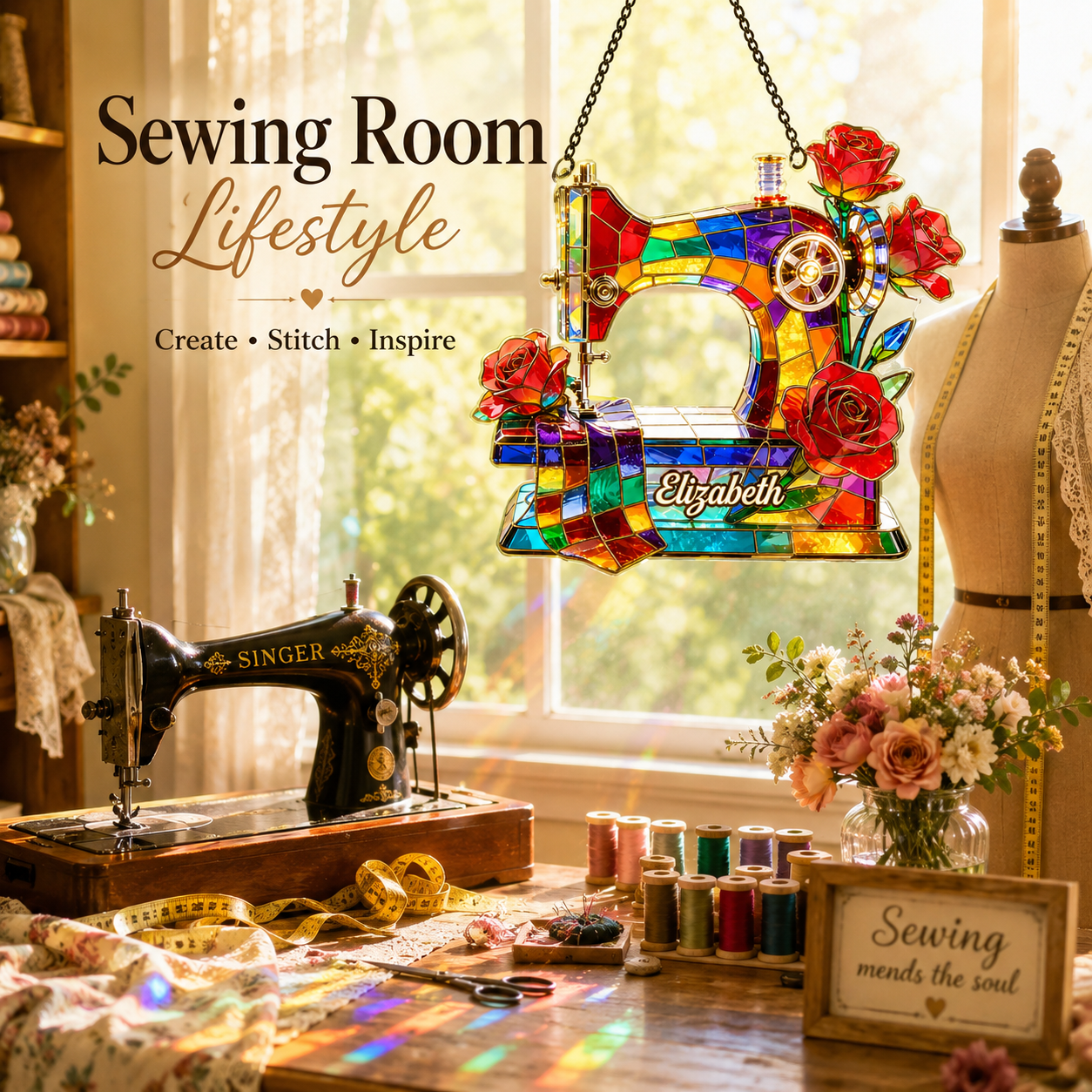 Personalized Sewing Machine Acrylic 3D Effect Suncatcher with Custom Name, Stained Glass Style Window Hanging Gift for Sewers & Quilters