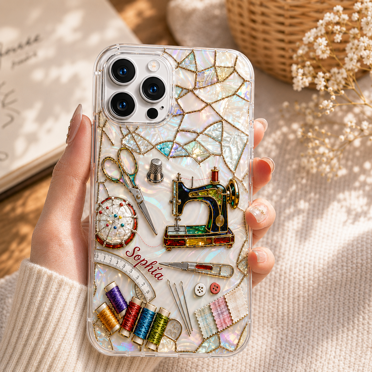 Personalized Sewing Lover Clear Phone Case 3D Effect – Custom Name Gift for Quilters & Crafter