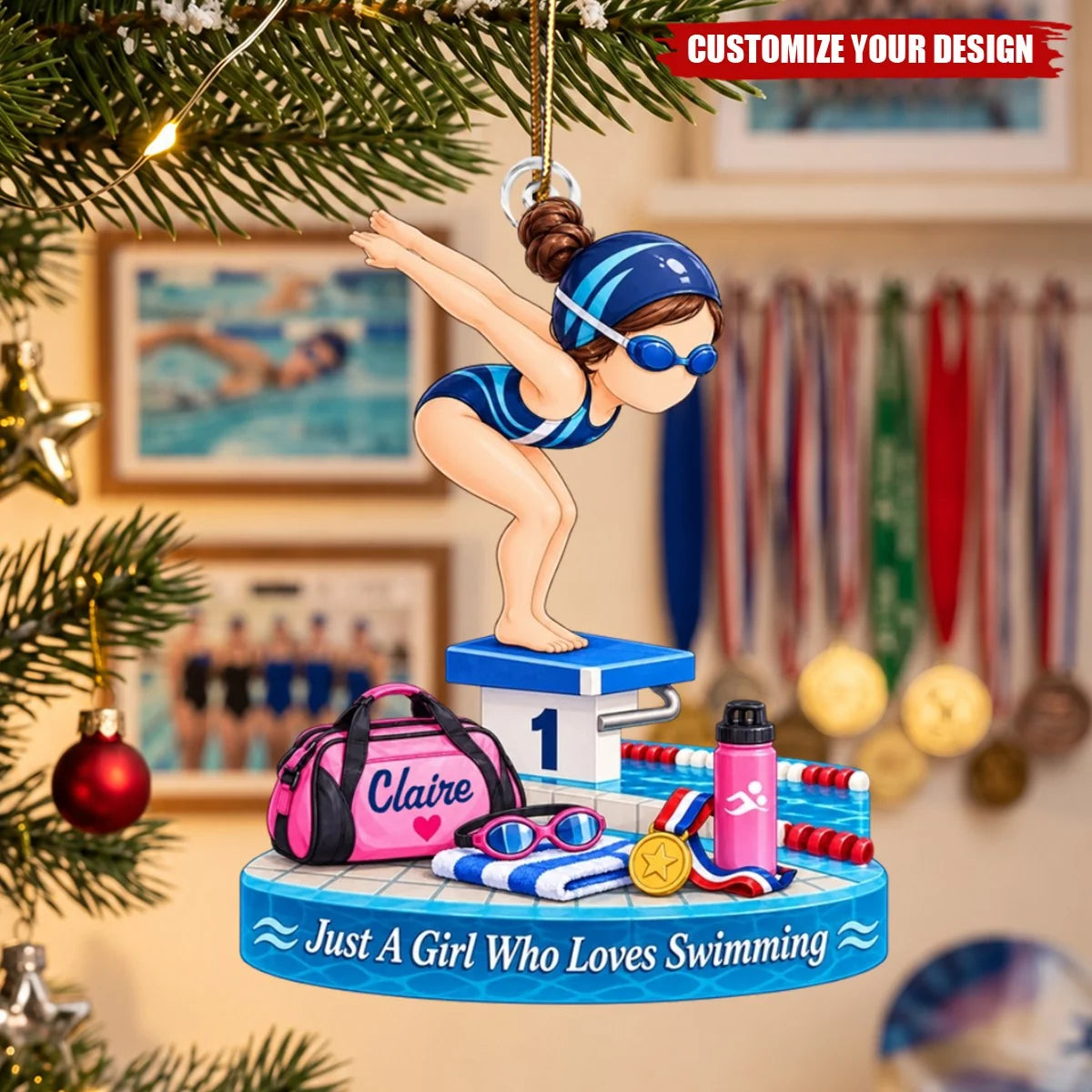 Personalized Swim Girl Acrylic Christmas Ornament, Custom Swimmer Keepsake, Gift for Daughter Granddaughter Girl Swimmer Swim Team