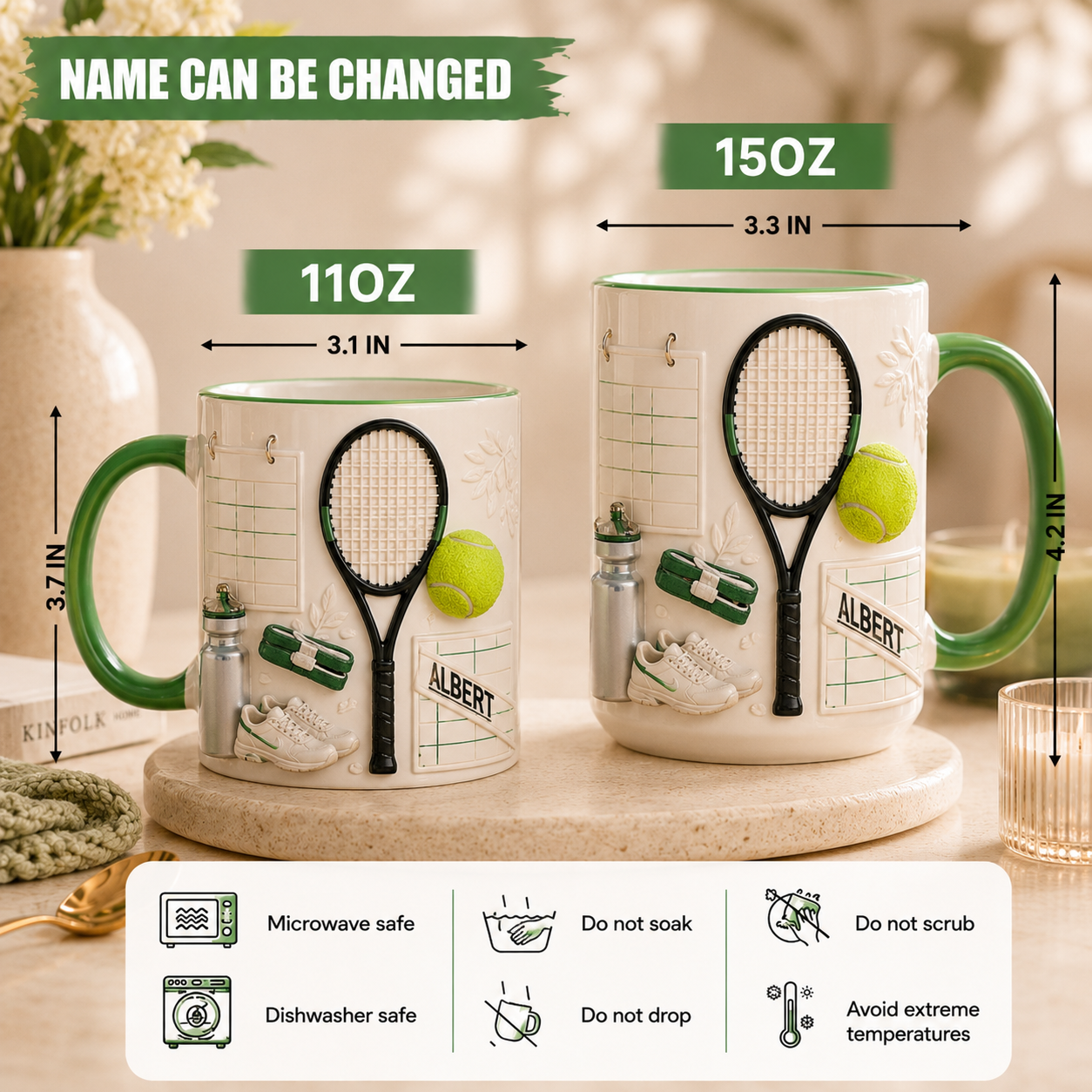 Personalized Tennis Coffee Mug 3D Effect  – Custom Name Gift for Tennis Players & Tennis Lovers