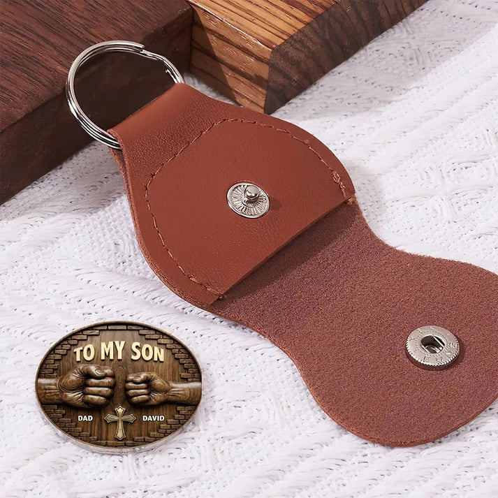 Personalized Pocket Hug for Son Grandson, To My Son My Boy Stainless Steel Token with PU Leather Holder, Gift from Mom Dad Grandma Grandpa