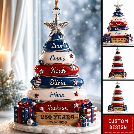 Patriotic Personalized 3D Family Christmas Ornament 2026, Custom USA 250th Anniversary Tree Ornament, Acrylic Family Keepsake Gift