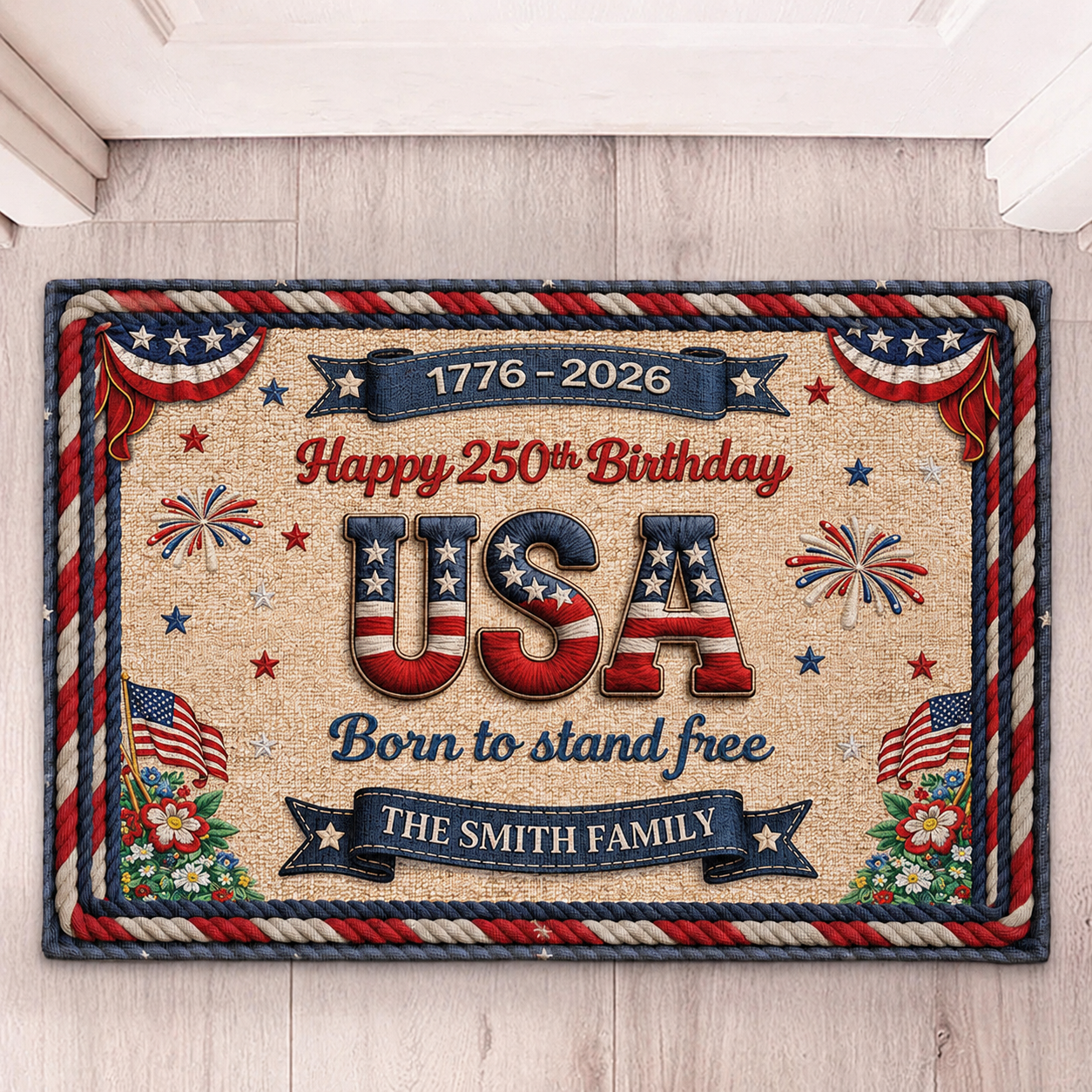 Happy 250th Birthday USA Doormat – Personalized America 250 Family Name Mat