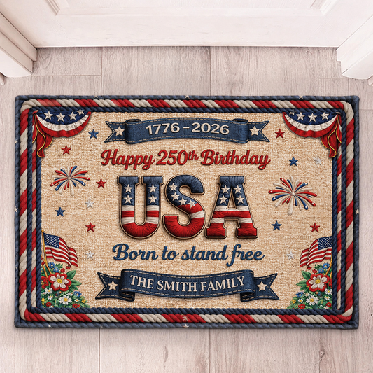 Happy 250th Birthday USA Doormat – Personalized America 250 Family Name Mat