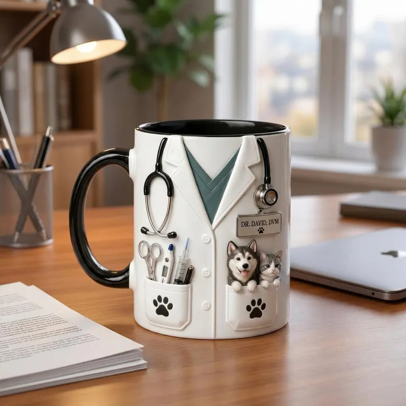 Personalized Veterinarian Mug with Dog and Cat, Custom Vet Doctor Ceramic Coffee Cup, Gift for Veterinarian Vet Tech Animal Lover
