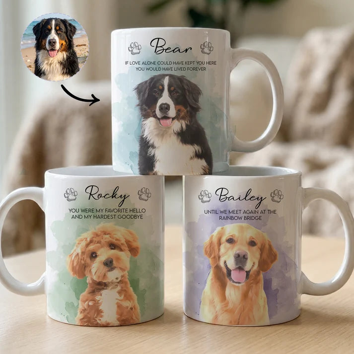 Personalized Pet Memorial Mug from Photo, Custom Watercolor Dog Cat Portrait Coffee Cup, Rainbow Bridge Sympathy Gift for Pet Loss
