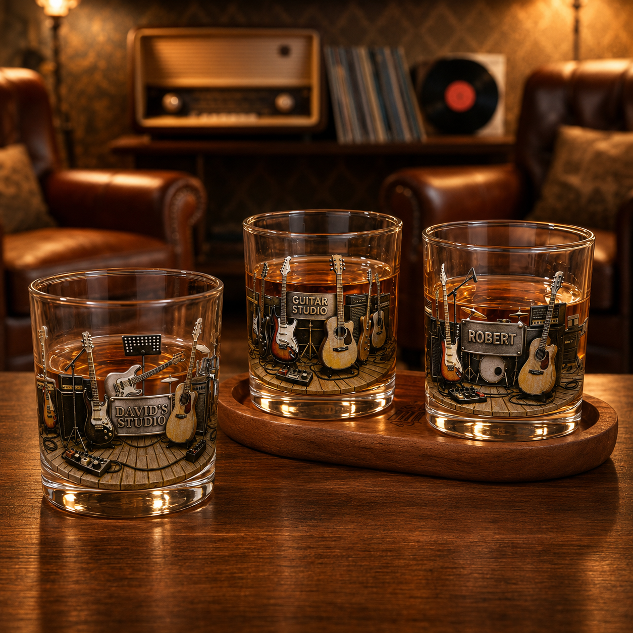 Personalized Guitar Studio Whiskey Glass 3D Effect with Name, 10oz Old Fashioned Glass Gift for Guitarists, Musicians & Music Lovers