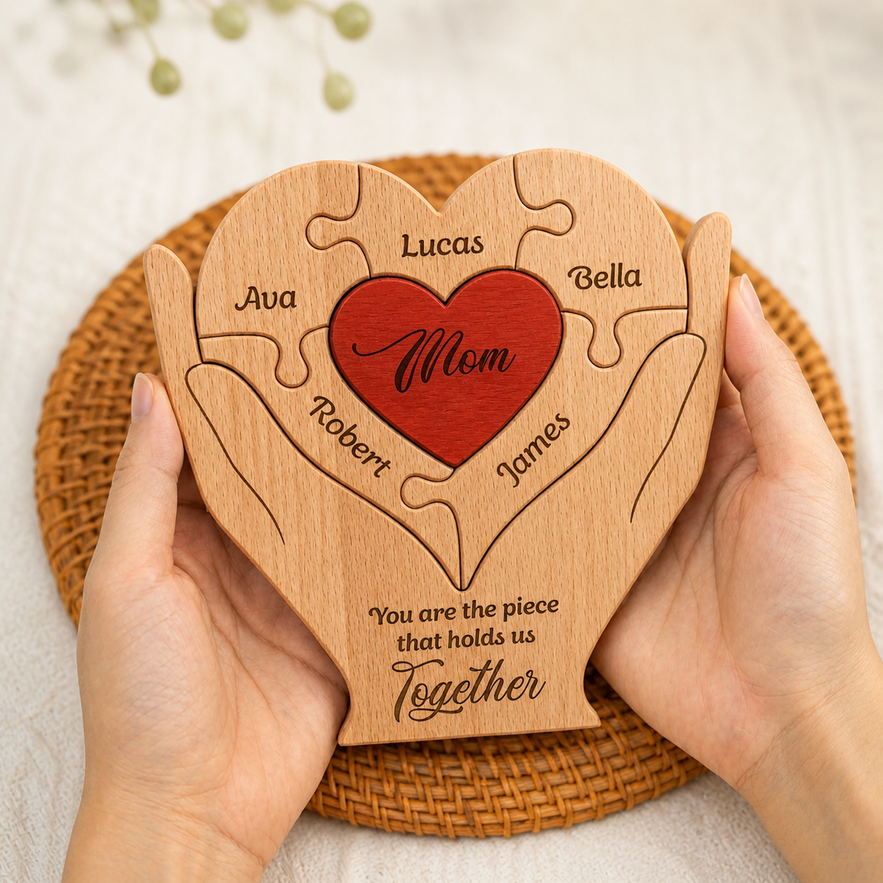 Muttertagsgeschenke, Mama, Mutter, du bist das Stück, das uns zusammenhält – Personalisiertes Holzpuzzle für die Familie