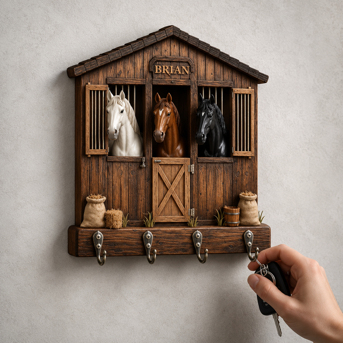 Personalized Horse Barn 3D Effect Key Holder, Custom Name Horse Stable Wall Hanging Rack, Wooden Equestrian Key Organizer Gift for Horse Lovers