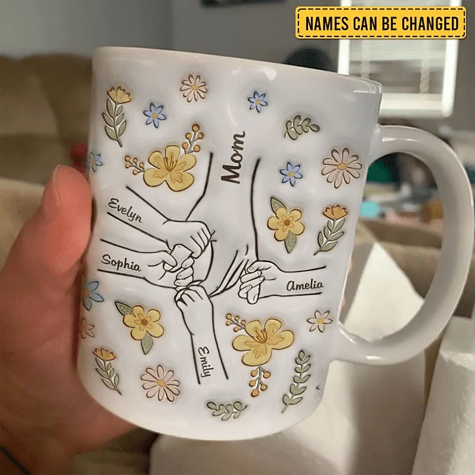 Personalized Mom Mug 3D Effect  with Names, You Hold Our Hands Also Our Hearts Ceramic Cup, Mother’s Day Gift for Mom Grandma Wife