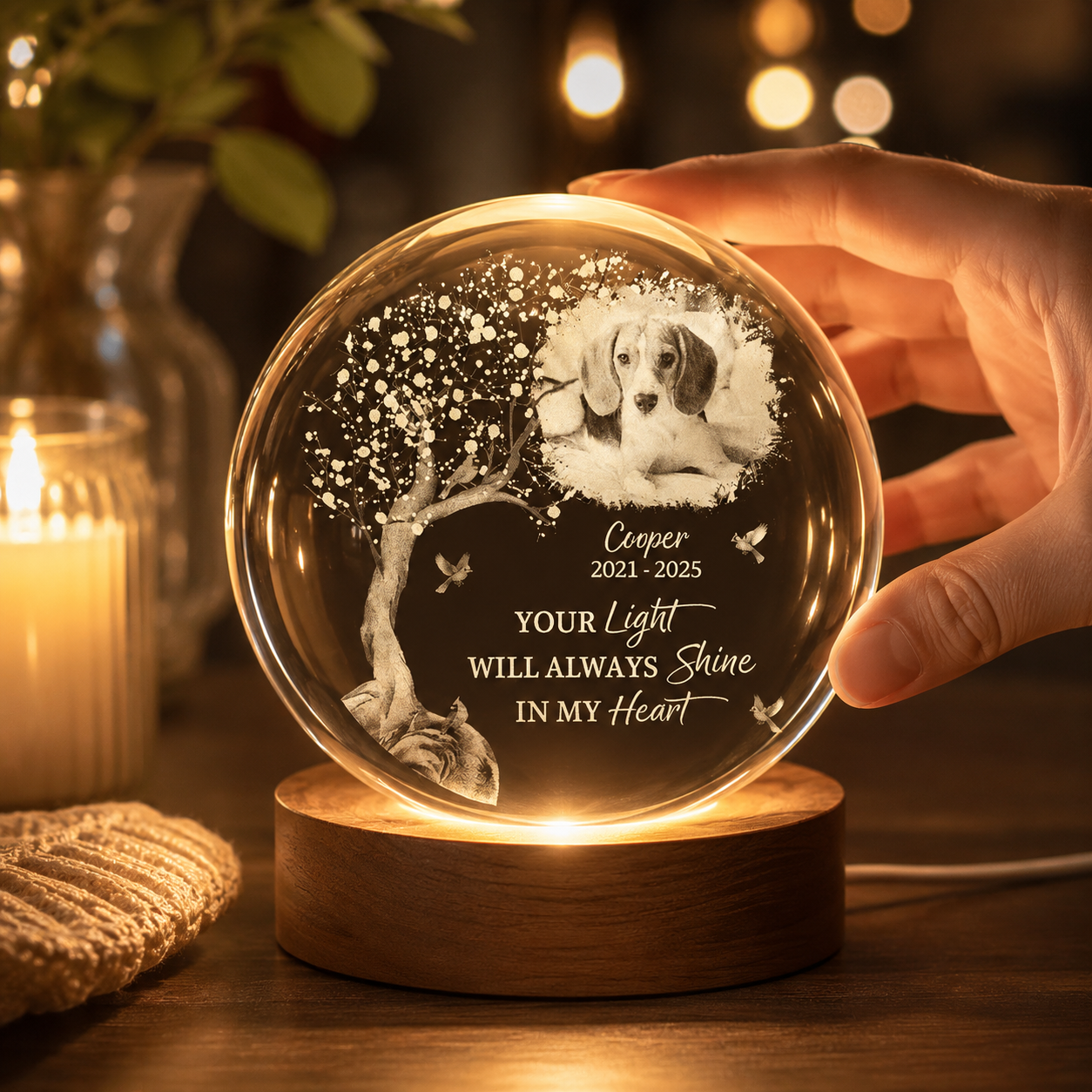 Personalisierte Haustier-Erinnerungs-Kristallkugel-Lampe – individuelles Foto-Andenken