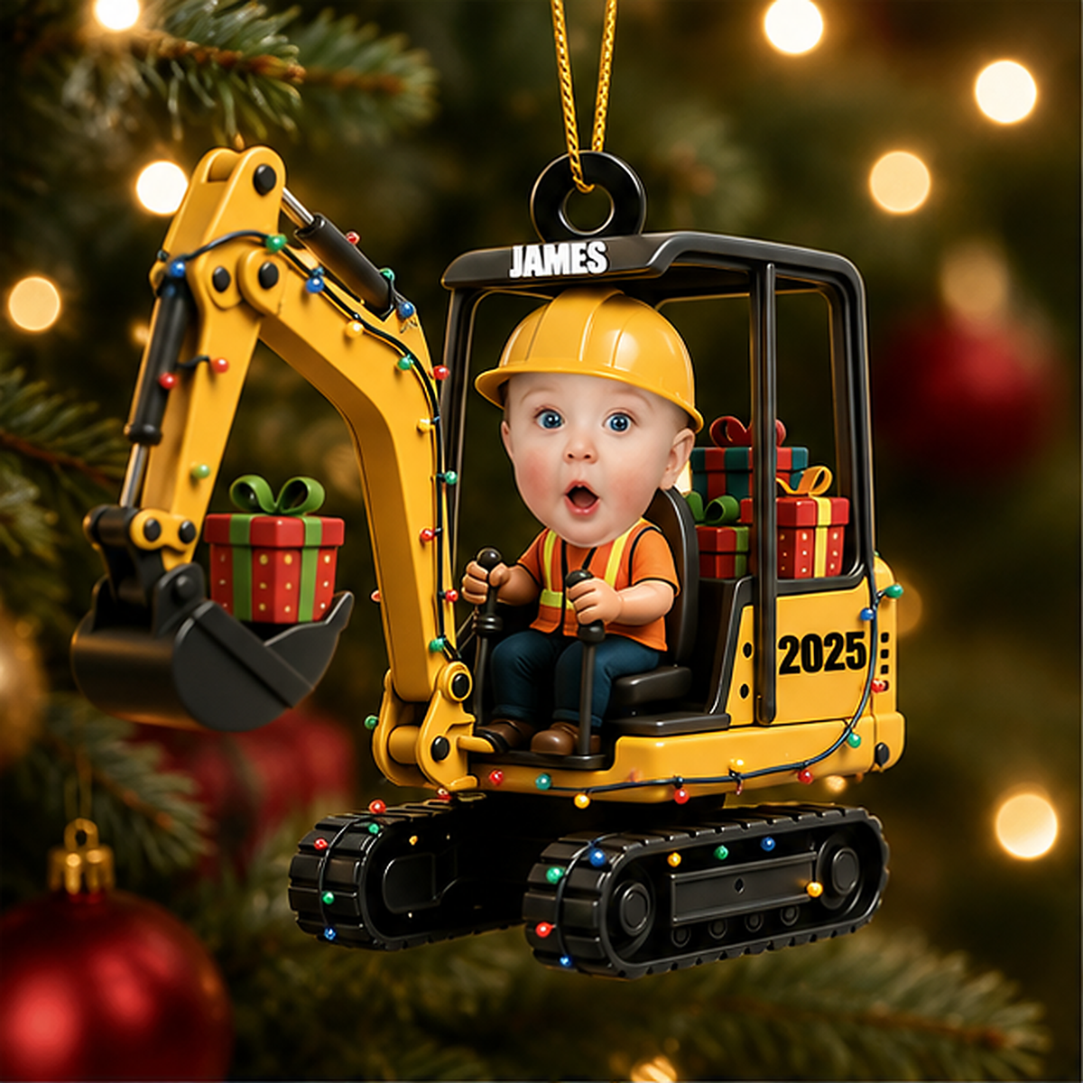 Personalized Kid Excavator 3D Effect Ornament, Custom Photo Construction Vehicle Acrylic Ornament with Name, Excavator Christmas Ornament, Gift for Boys
