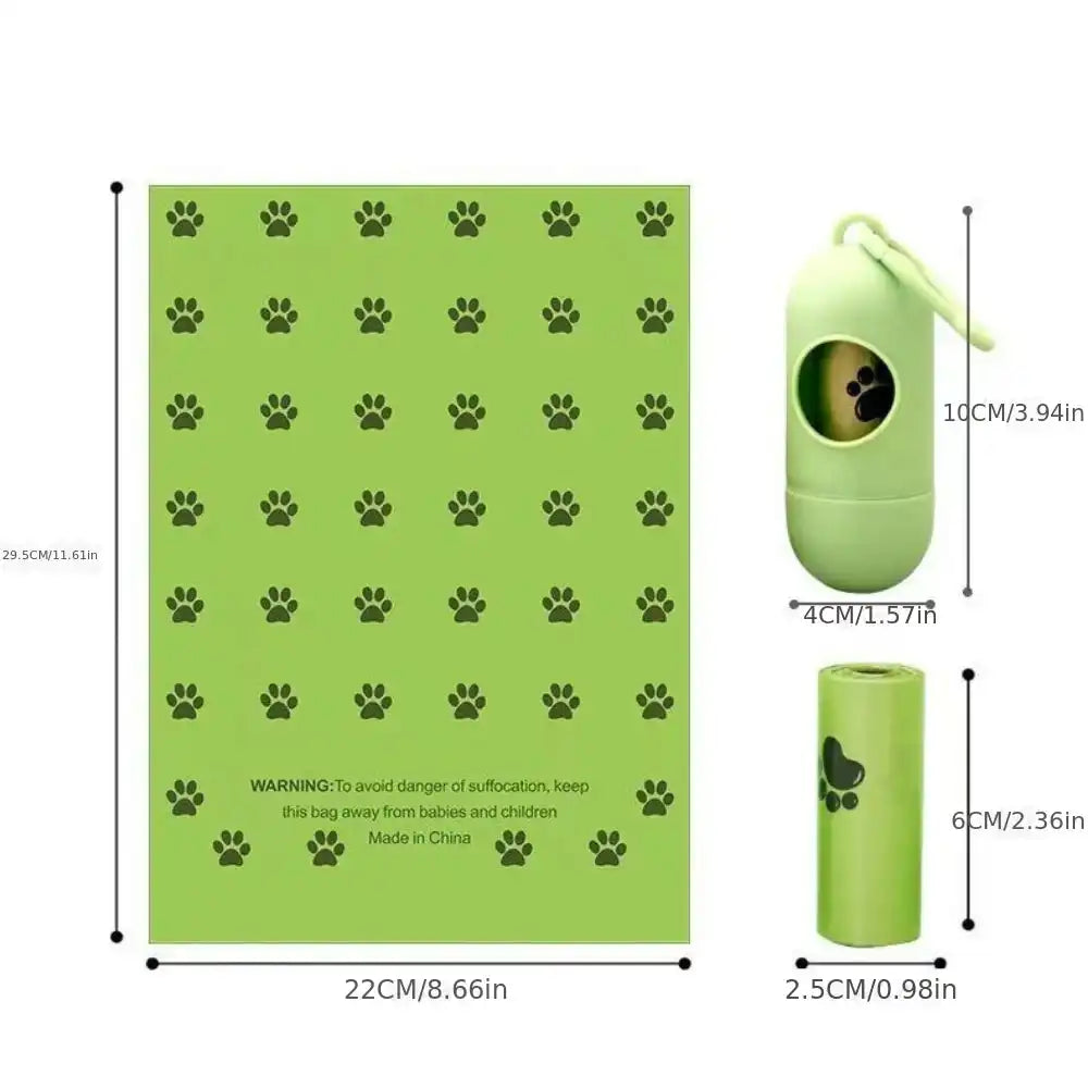 Bags Holder - Dog Poop Bag Holder with size dimensions for dispenser and bags, showing compact design and paw print pattern for pet waste cleanup.