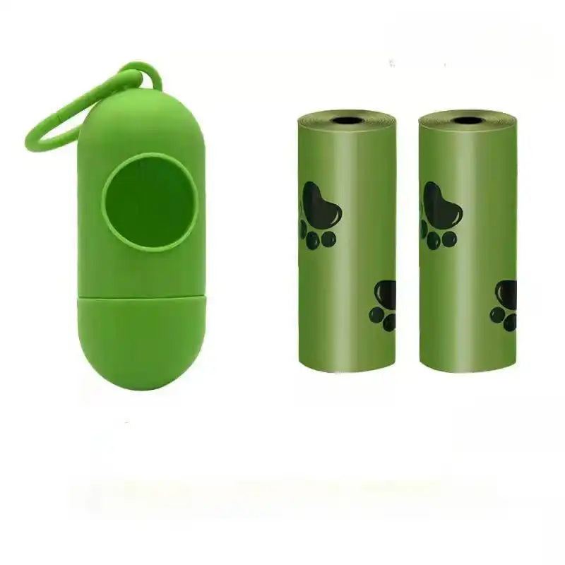Bags Holder - Dog Poop Bag Holder includes green capsule dispenser and two refill rolls with paw prints, perfect for odor-locking waste disposal.
