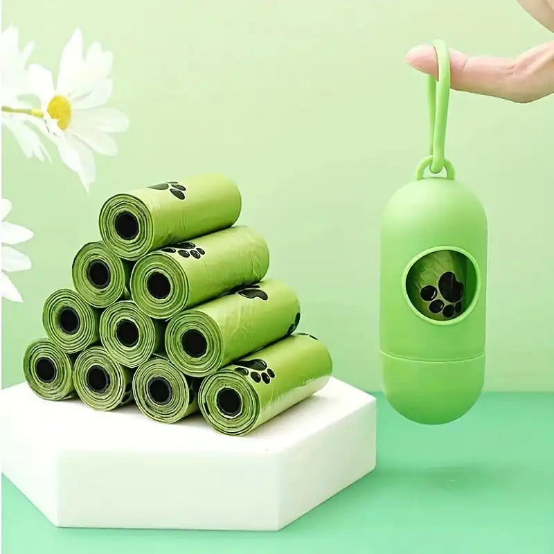 Bags Holder - Dog Poop Bag Holder with green dispenser and 10 rolls of unscented waste bags featuring paw prints, ideal for large dogs.