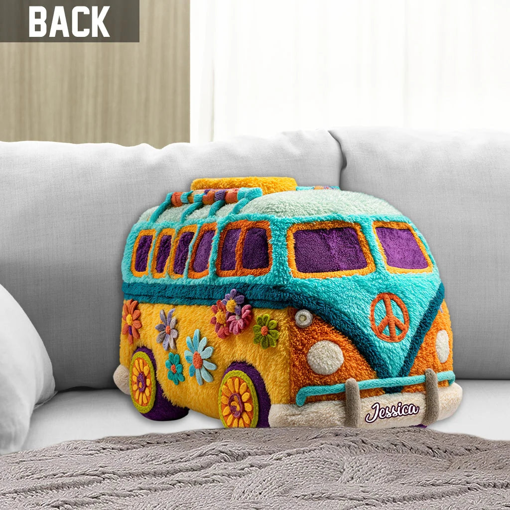 Personalized Hippie Van Shaped Pillow – Custom Name Vintage Camper Bus Plush Throw Pillow for Boho Decor & Gift