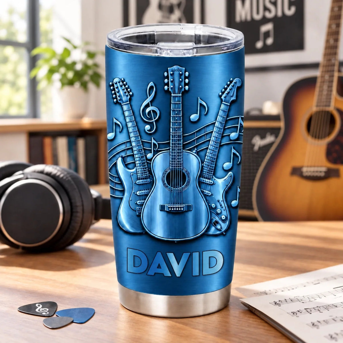 Personalized Guitar Music Tumbler – Custom Name Stainless Steel Travel Mug Gift for Guitarists & Musicians