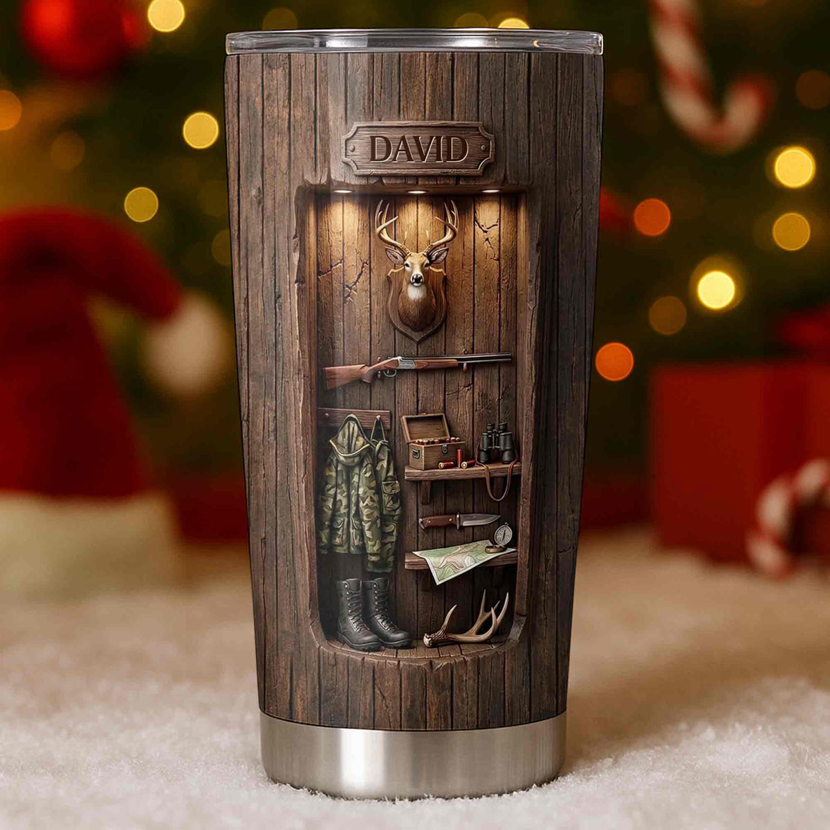 Personalized Hunting Spirit Deer Cabin Tumbler – Custom Name Stainless Steel Travel Mug Gift for Hunters & Dad