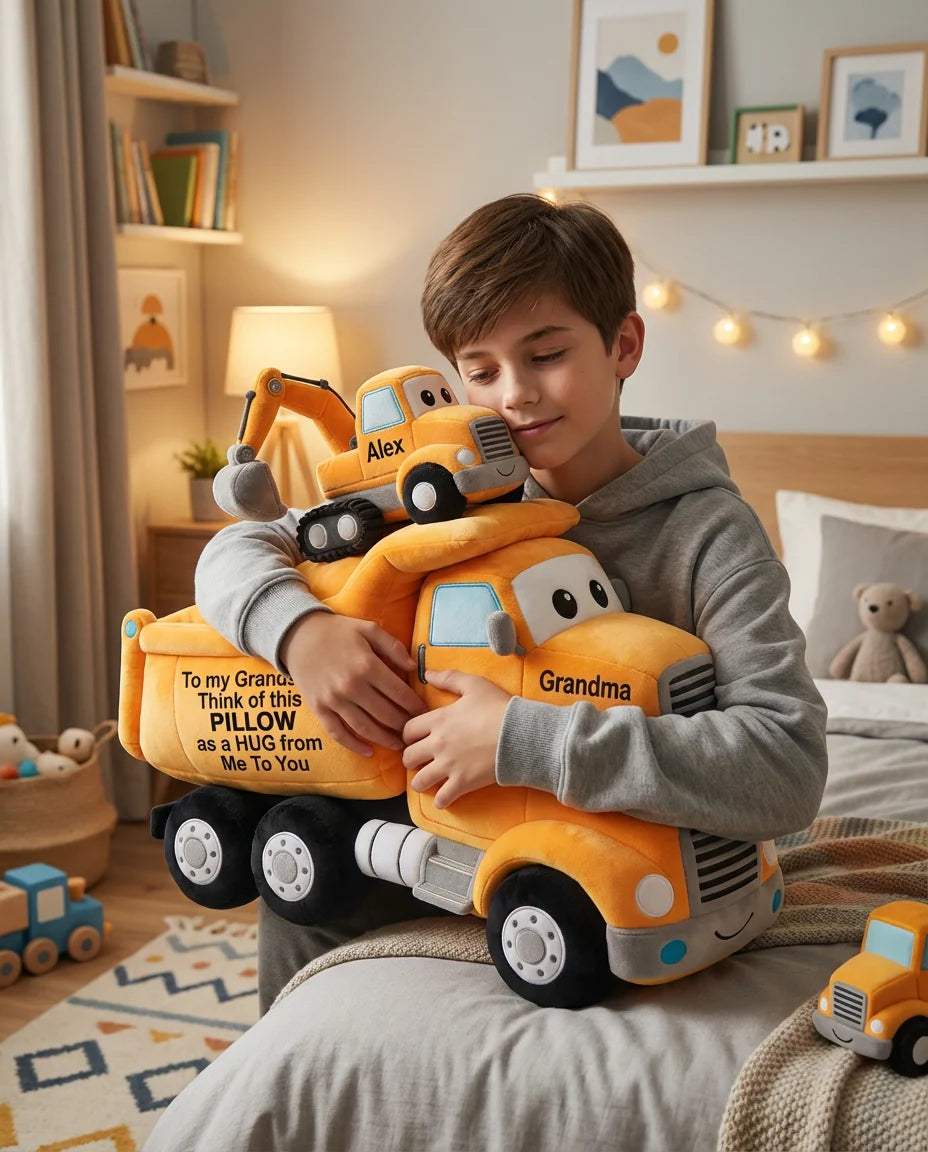 Personalized Construction Truck Faux Fur Shaped Pillow – Custom Name Dump Truck & Excavator Plush Cushion for Kids Room Decor & Gift
