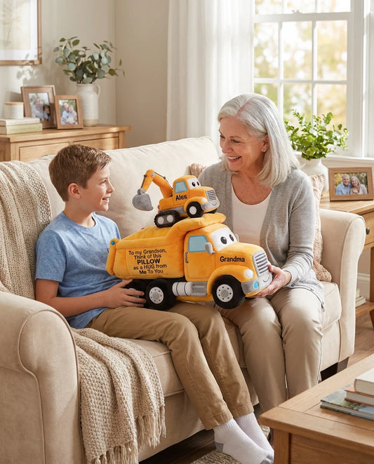 Personalized Construction Truck Faux Fur Shaped Pillow – Custom Name Dump Truck & Excavator Plush Cushion for Kids Room Decor & Gift