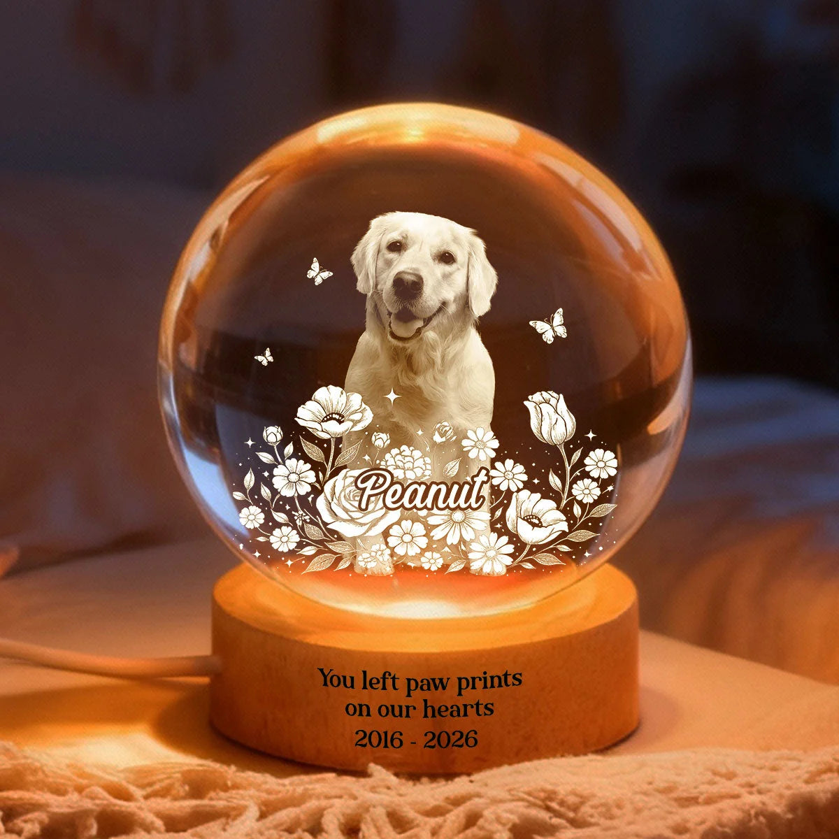 Personalized Pet Photo Crystal Sphere Night Lamp – Custom Dog & Cat Portrait 3D Etched LED Memorial Gift