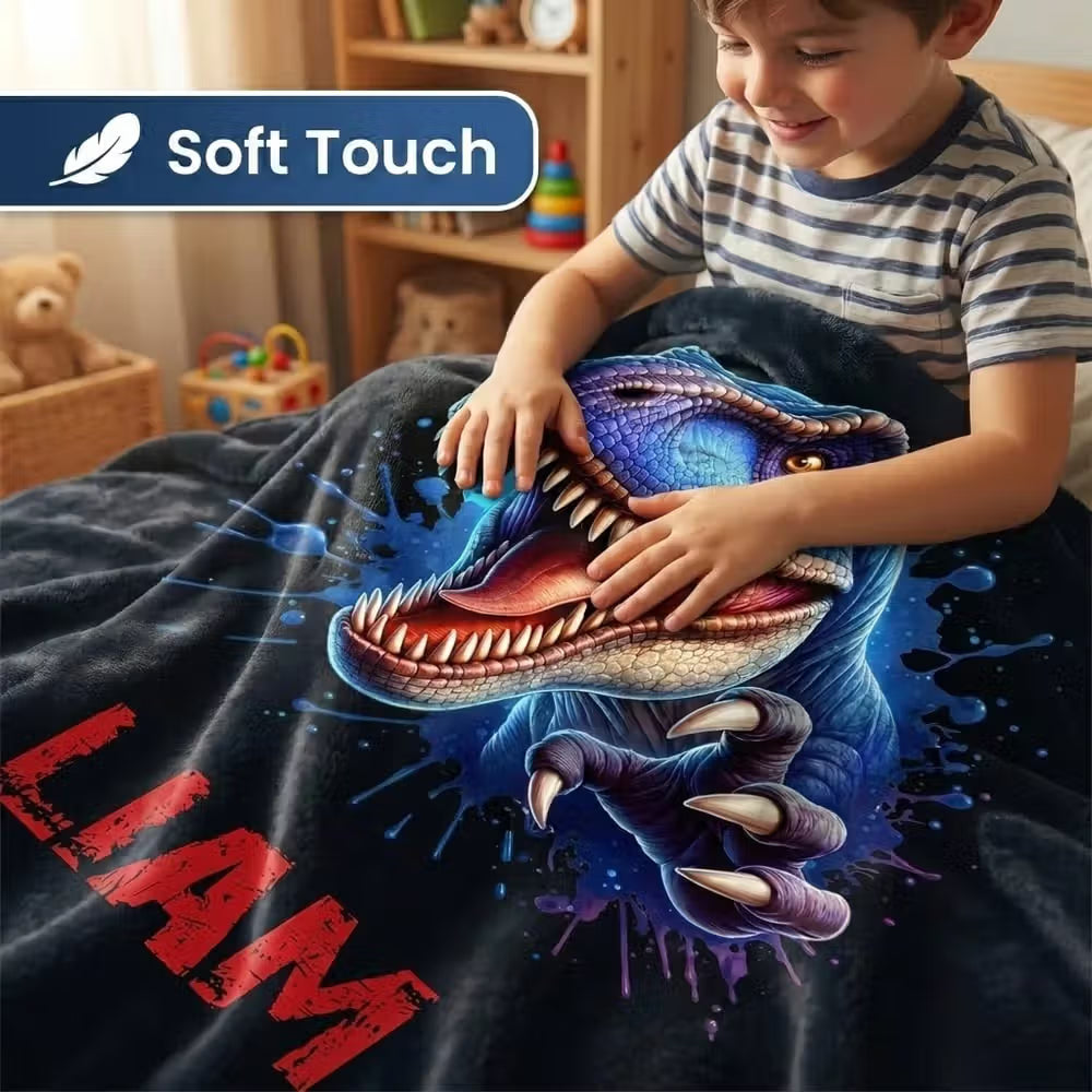 Personalised Dinosaur Fleece Blanket with Name for Kids, Cosy Birthday Gift