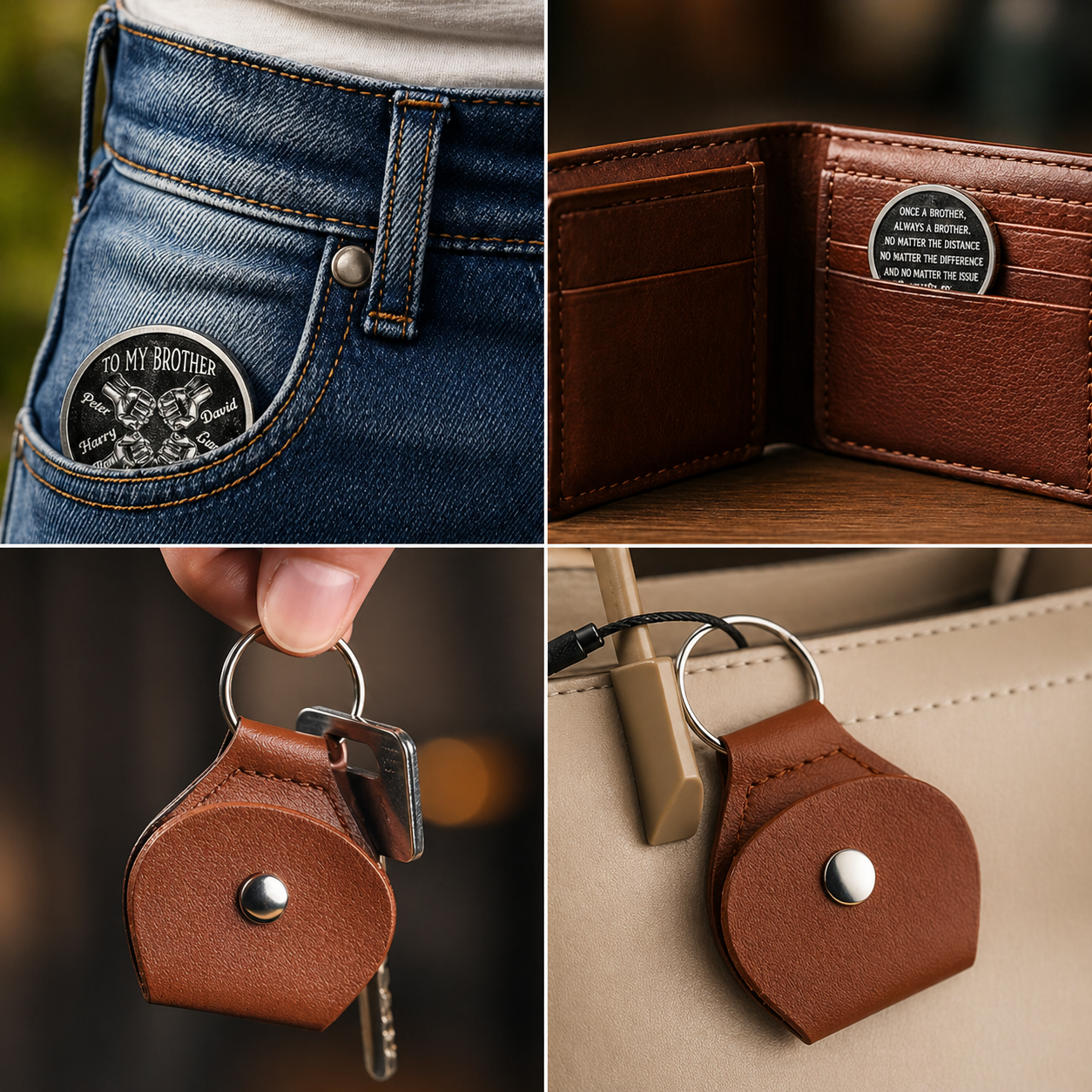 Individueller Taschenumarmung-Token für Bruder – Personalisiertes Geschenk, Leder-Schlüsselanhänger, Edelstahlmünze – Geschenk für Fernbeziehung
