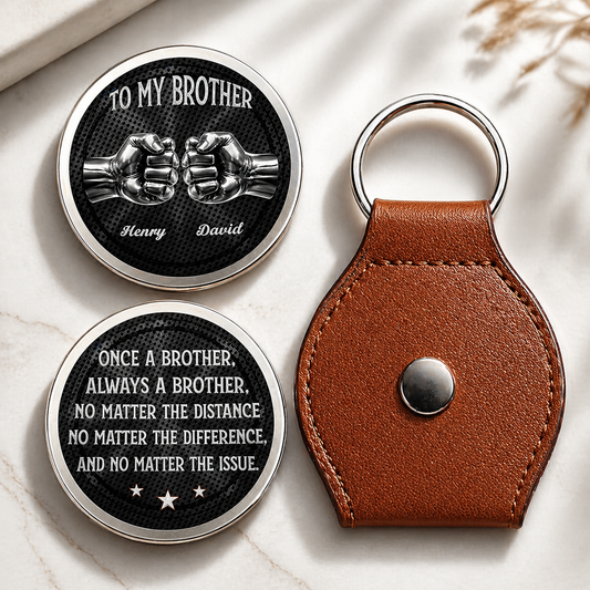 Custom Pocket Hug Token for Brother – Personalized Gift, Leather Keychain, Stainless Steel Coin – Long Distance Gift