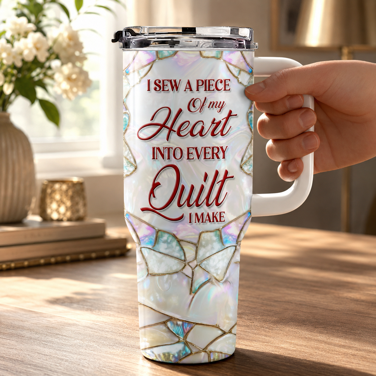 Custom Sewing 3D Effect 40oz Tumbler – Personalized Sewing Lover Cup with Handle, Quilter Gift, Seamstress Gift, Gift for Mom Daughter Her