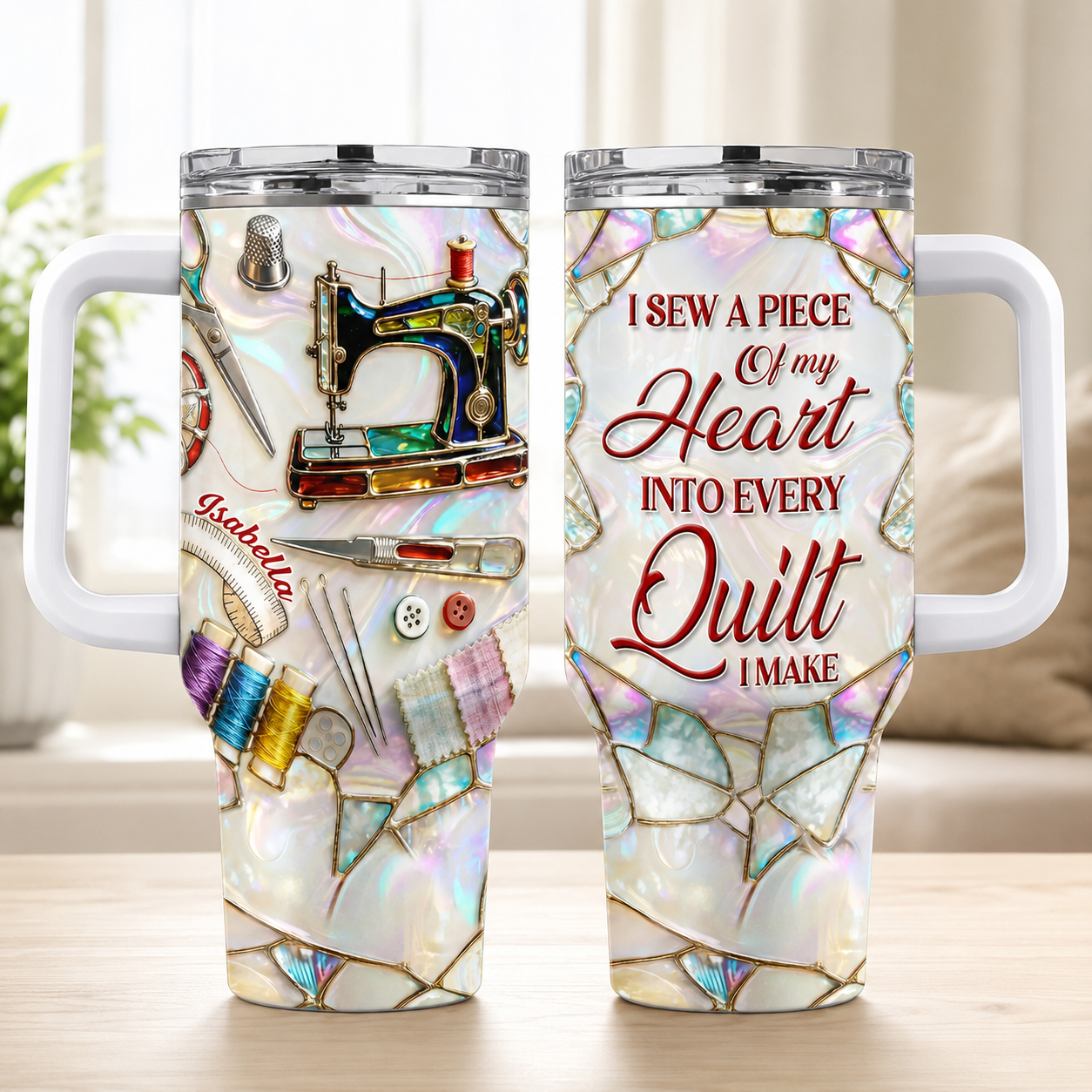 Custom Sewing 3D Effect 40oz Tumbler – Personalized Sewing Lover Cup with Handle, Quilter Gift, Seamstress Gift, Gift for Mom Daughter Her