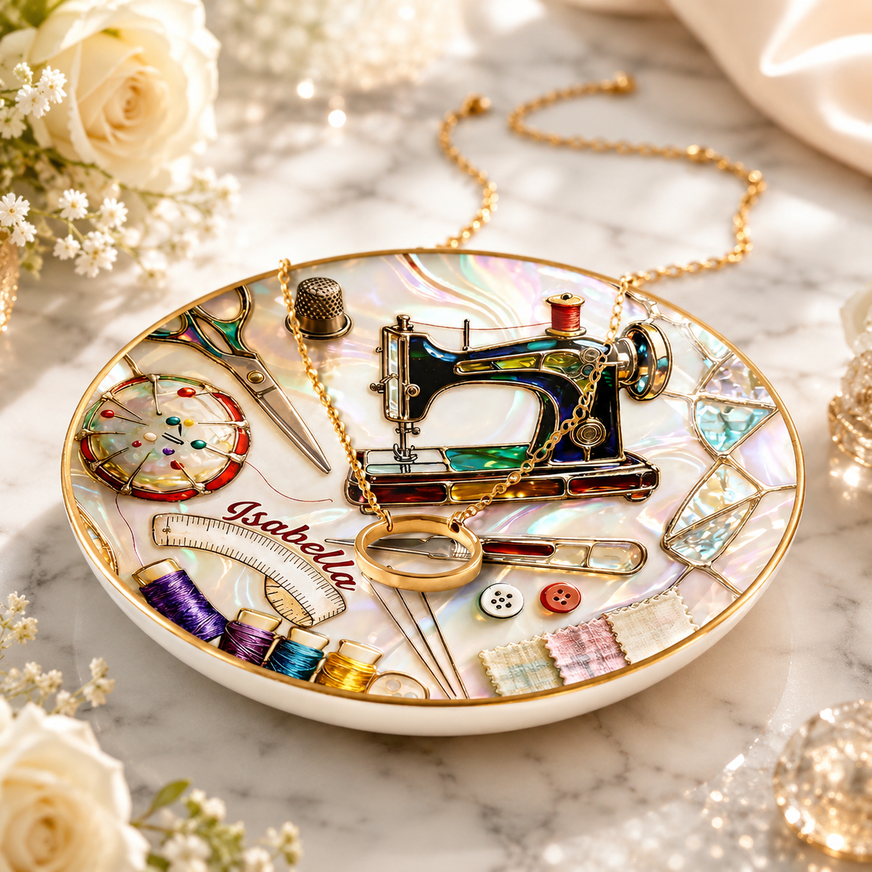 Personalized Round Sewing Jewelry Dish – Custom Ceramic Ring Dish with Name, Seamstress Gift, Quilter Gift